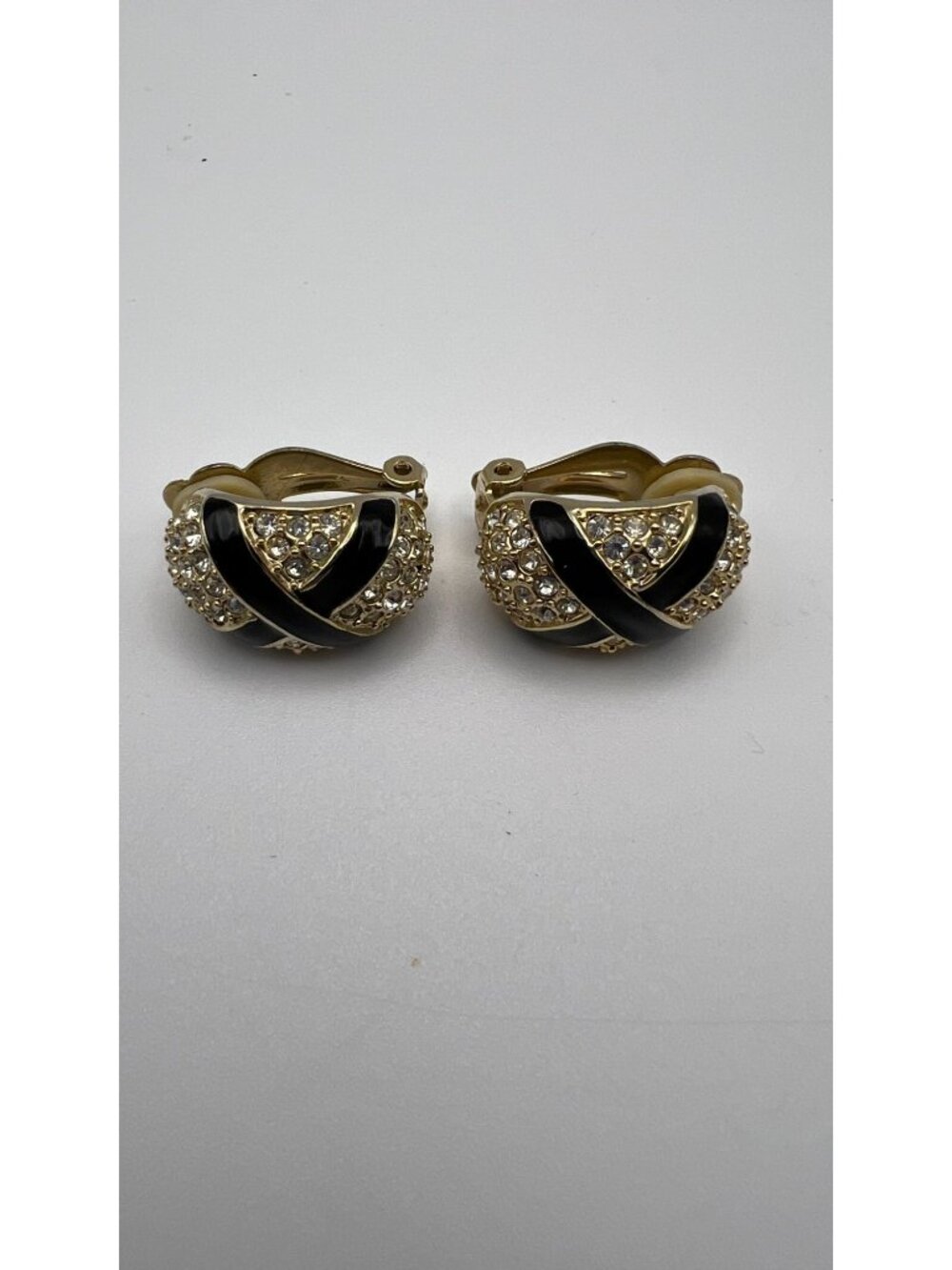 Vintage Gold-Tone Clip-On Earrings With Black Enamel & Rhinestone Accents - Picture 1 of 5